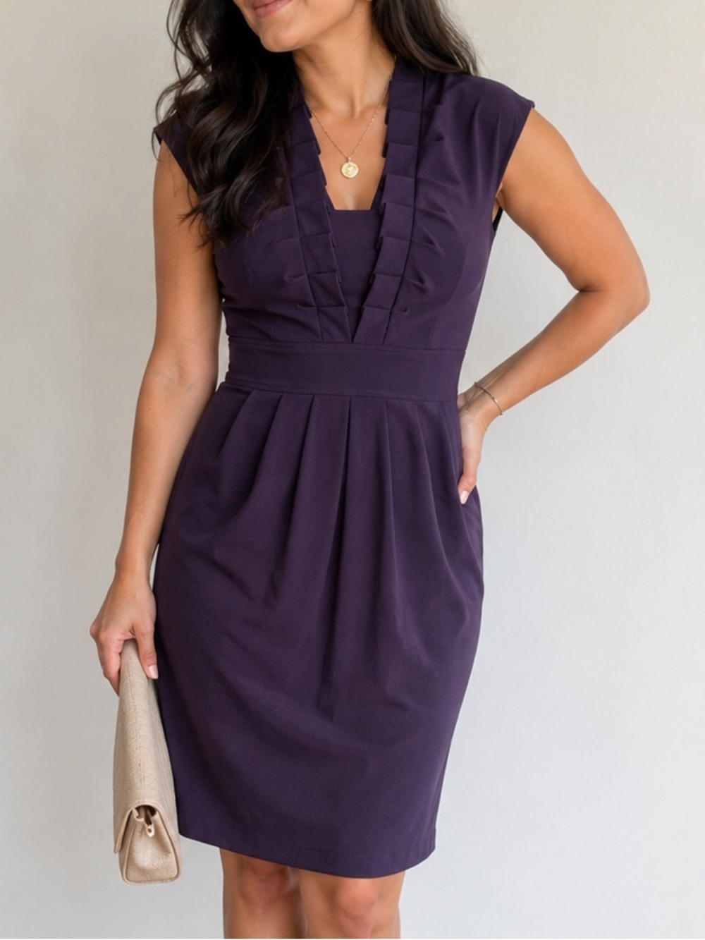 Evan Picone Purple Ruffle V-Neck Sheath Dress Size 4 Career Cocktail